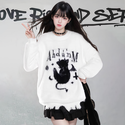 【トップス】ダメージ加工 猫モチーフ ニットセーター レディース 秋冬 ゆったり ルーズ カジュアル【FCシリーズ】