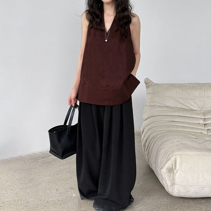 【トップス】デザイン性のある ハイネック 夏の涼感 リラックス Vネック ノースリーブブラウス【JZシリーズ】