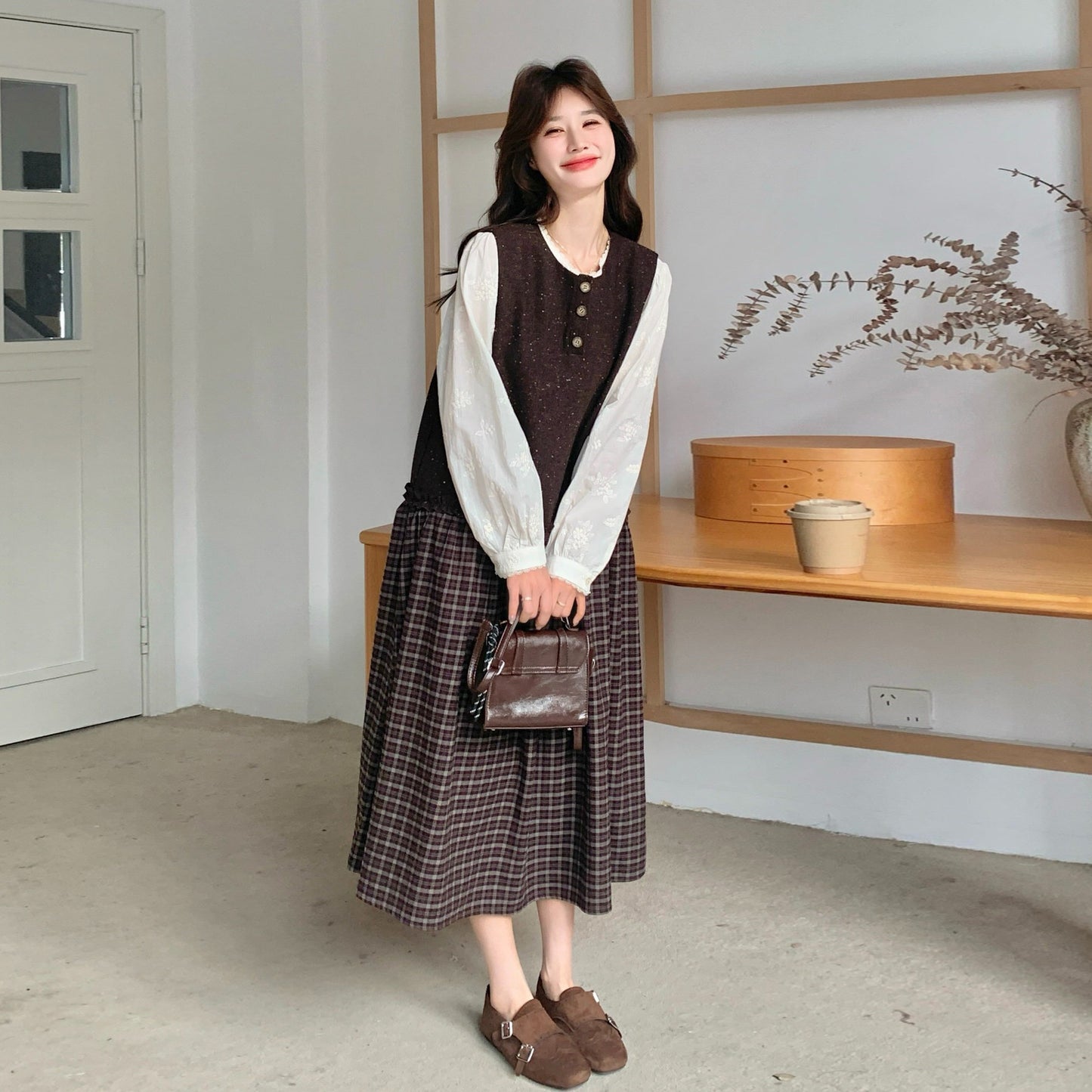 【ワンピース】レース刺繍 シャツ+ノースリーブワンピース 2点セット チェック柄 配色切替【JZシリーズ】