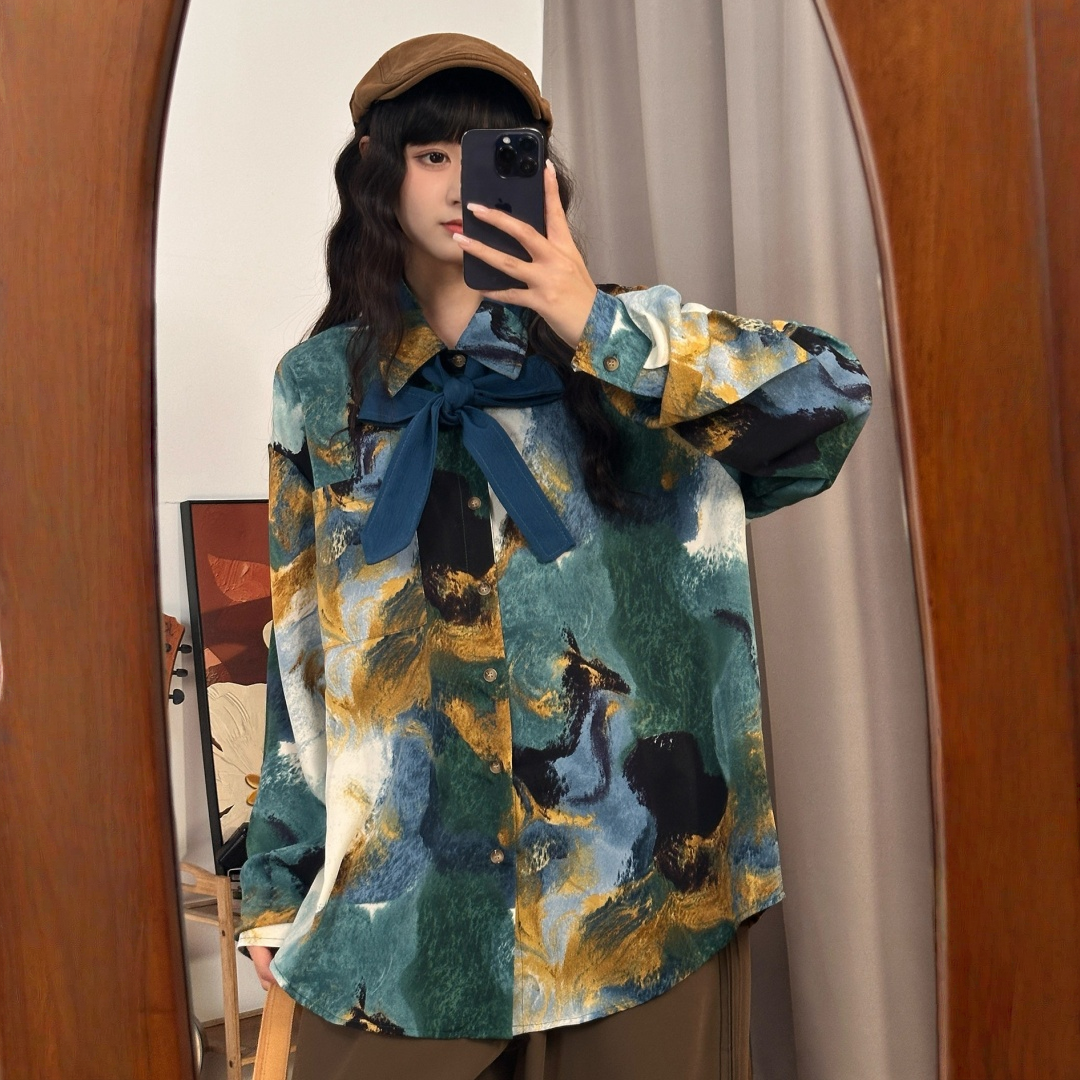 【トップス】カラフル油絵プリント アート感のある 長袖 シャツ 【FCシリーズ】