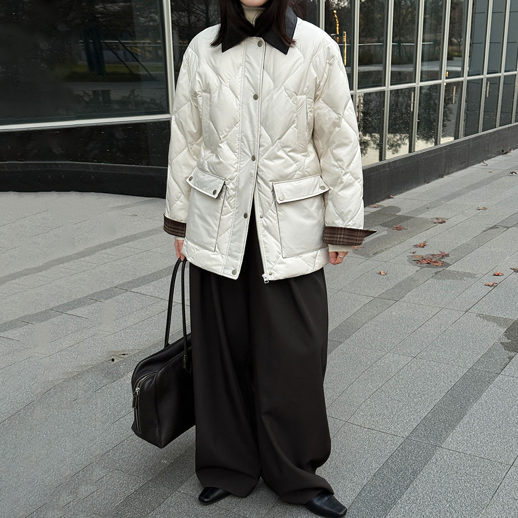 【アウター】高品質 ホワイトグースダウン90％ ダウンコート レディース レトロ 菱形キルティング レザー襟 冬【JZシリーズ】