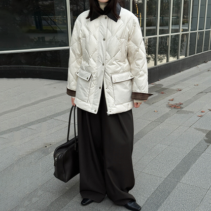 【アウター】高品質 ホワイトグースダウン90％ ダウンコート レディース レトロ 菱形キルティング レザー襟 冬【JZシリーズ】