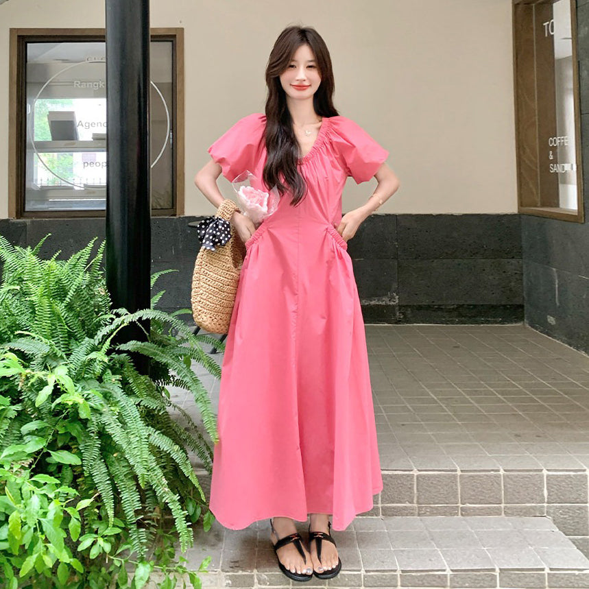 【ワンピース】パフスリーブ ワンピース レディース 夏 Vネック 半袖 ロングワンピース 細見え ウエストマーク 人気 フレンチ風【SHシリーズ】