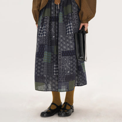 【ボトムス】レトロ 切替 スカート レディース 大きいサイズ ミディアム丈 Aライン フレアスカート チェック パッチワーク ロングスカート 初秋【SHシリーズ】【JZシリーズ】