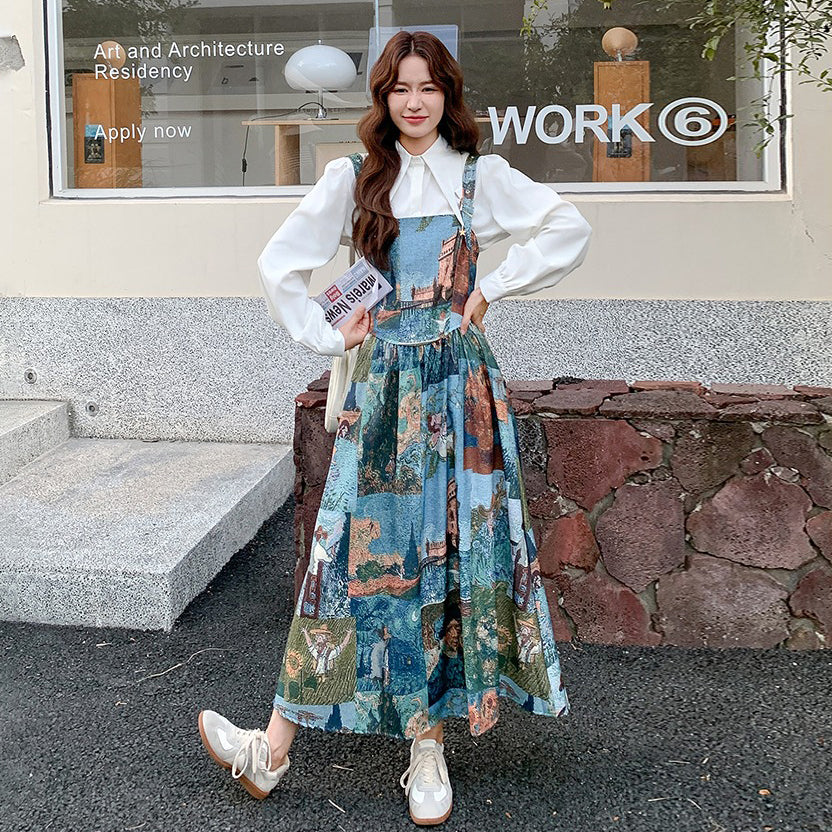 【セットアップ】学院風シャツ＋花柄ノースリーブワンピース レディース 春秋2025新作 人気 高級感 ワンピース【SHシリーズ】