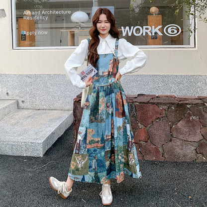 【セットアップ】学院風シャツ＋花柄ノースリーブワンピース レディース 春秋2025新作 人気 高級感 ワンピース【SHシリーズ】