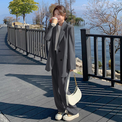 2点セット！【セットアップ】韓国風スーツセットアップ ジャケット＋ハイウエストワイドパンツ 上下セット【JZシリーズ】【SNシリーズ】