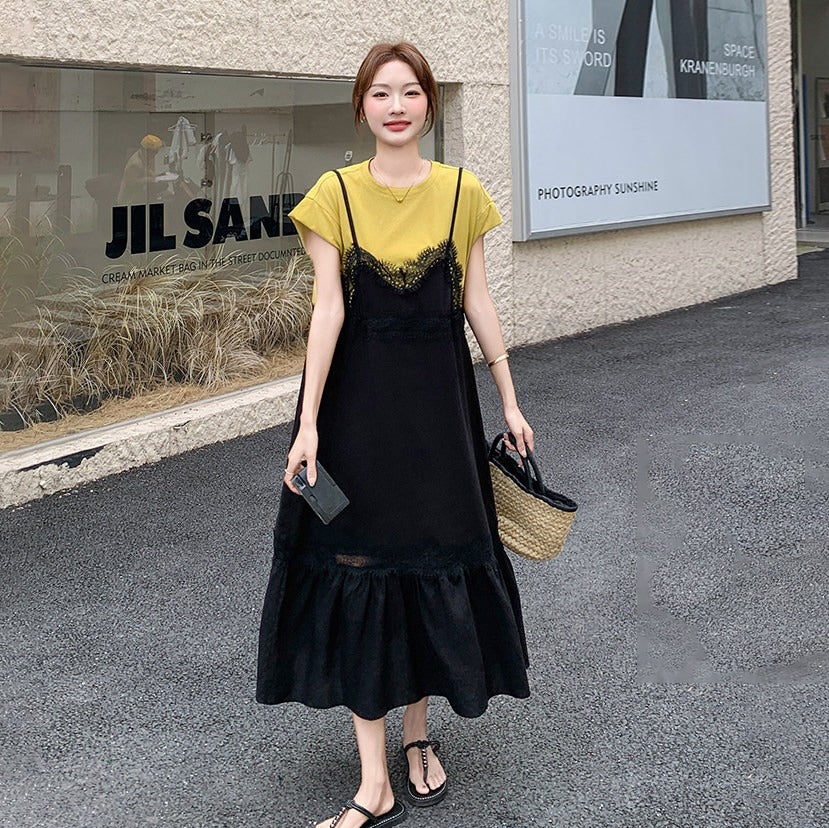 【ワンピース】レース ワンピース レディース 夏 レイヤード風 半袖 ロングワンピース 細見え 人気 韓国風 デザインワンピース【JZシリーズ】