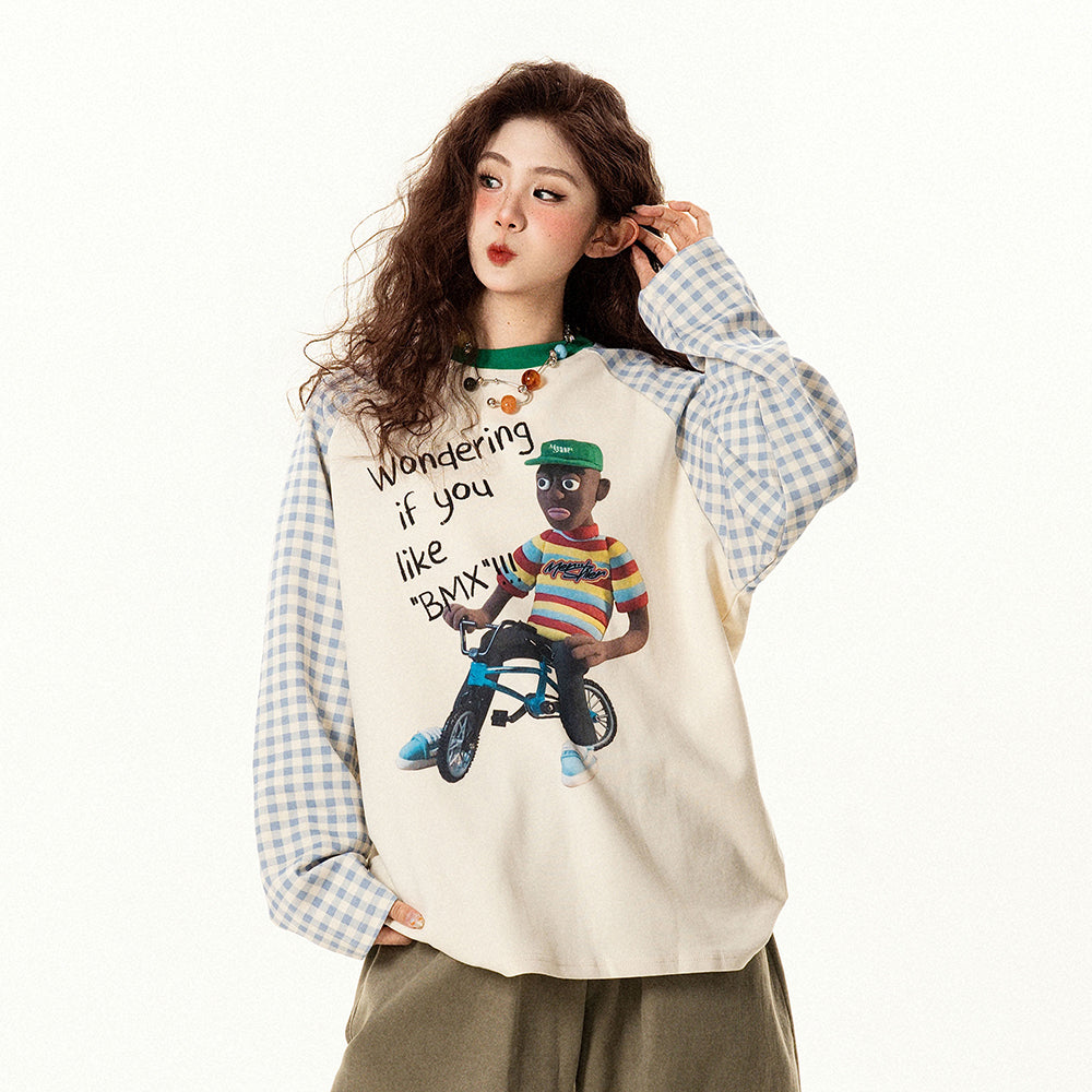 【トップス】レトロデザイン チェック切替 ラグラン長袖Tシャツ レディース ゆったり カジュアル【FCシリーズ】【15〜20日発送】