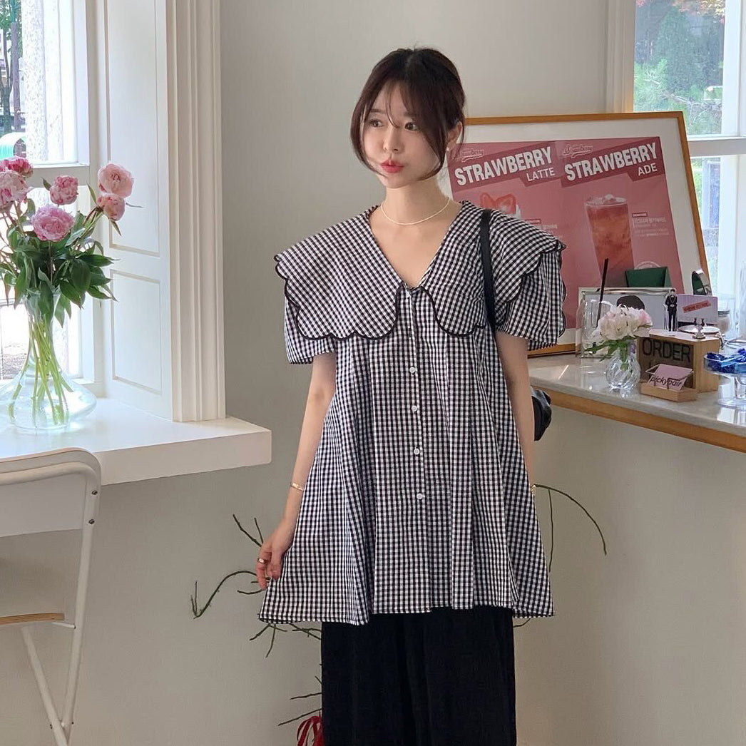 【トップス】韓国風 刺繍ビッグカラーチェックブラウス レディース 大人可愛い 襟付き ゆったり シルエット カジュアル【JZシリーズ】