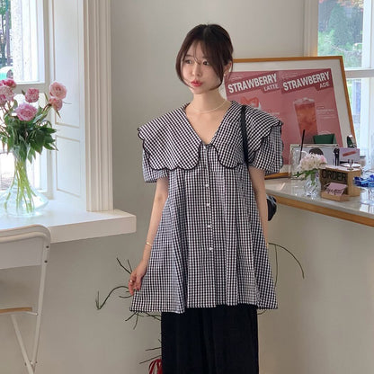 【トップス】韓国風 刺繍ビッグカラーチェックブラウス レディース 大人可愛い 襟付き ゆったり シルエット カジュアル【JZシリーズ】