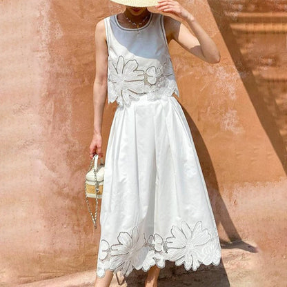 刺繡設計背心＋高腰百褶裙套裝｜韓系兩件式穿搭【JZ系列】