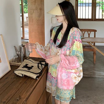 2点セット！【セットアップ】旅行・バカンス風 ドーパミンコーデ UVカット 上下セット 長袖シャツ＋ハイウエストショートパンツ【SHシリーズ】