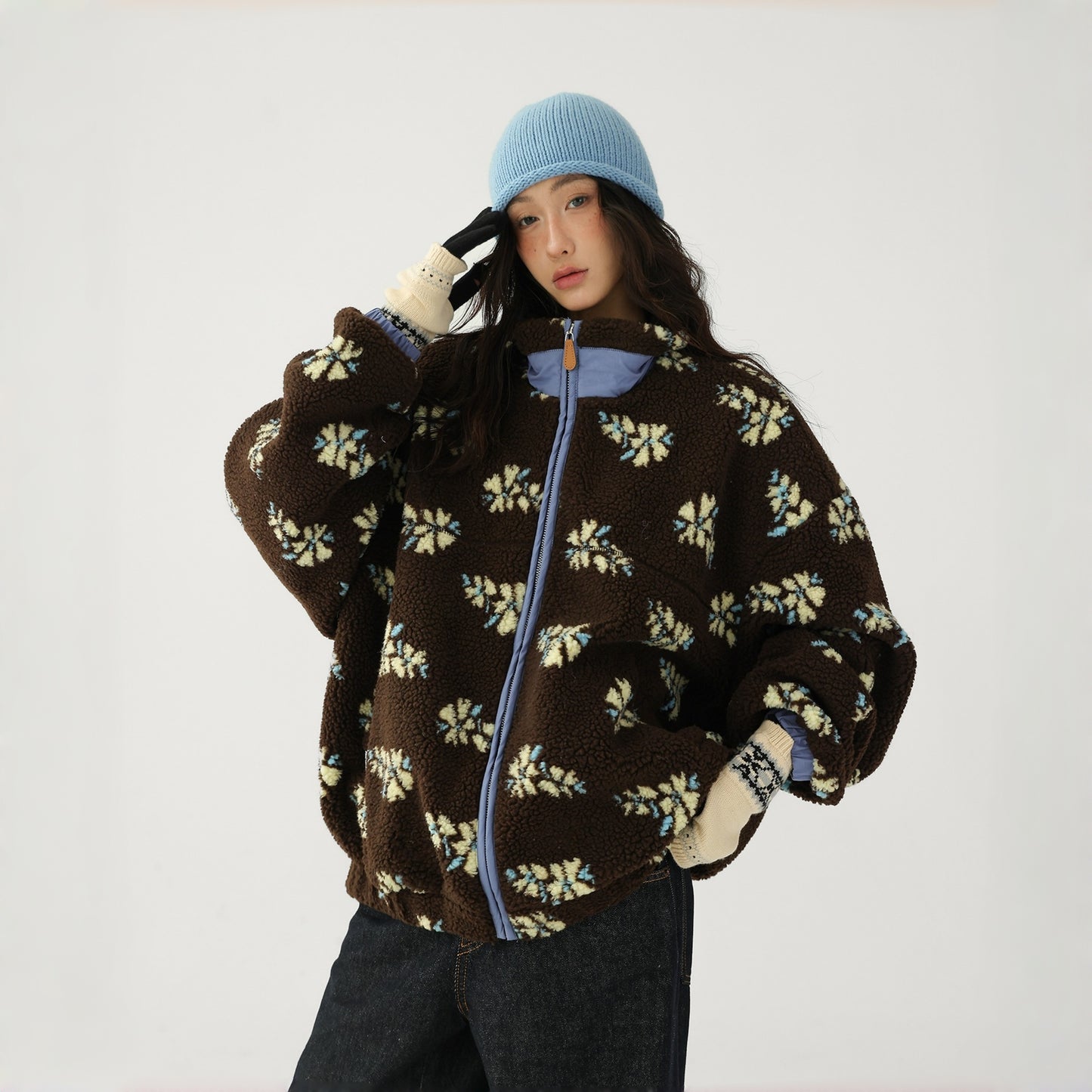 【アウター】レトロ 花柄 厚手 ゆったり スタンドネック ポーラーフリース ジャケット【FCシリーズ】