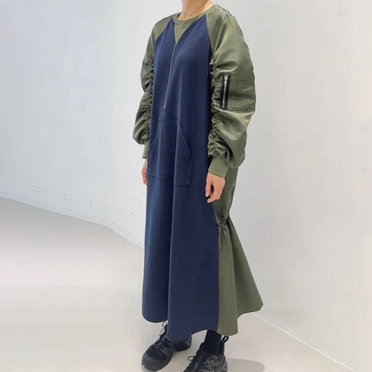 【24AW】【ワンピース】chic レトロ 配色 切り替えしシャーリング 長袖ワンピース