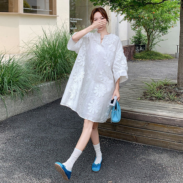 【ワンピース】フレンチヴィンテージ風 立体刺繍半袖ワンピース 大人可愛い＆着やせ見えデザイン【JZシリーズ】