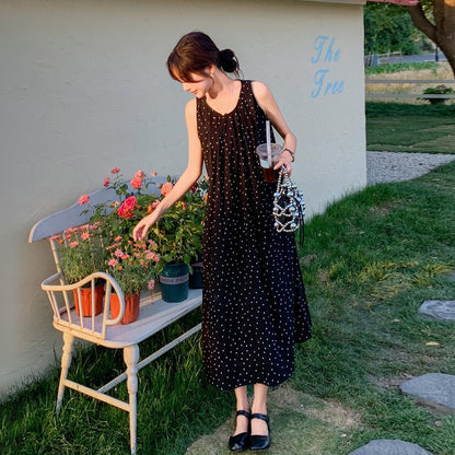 【ワンピース】バックオープン ドットワンピース 夏 ヘップバーン風 ユニークデザイン ノースリーブワンピース【SHシリーズ】