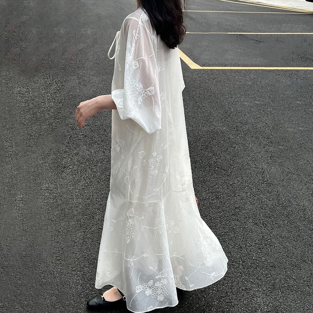 2点セット！【セットアップ】高級刺繍 チュールワンピース＋Vネック キャミワンピースセット 夏新作 バカンス風 ワンピース【JZシリーズ】