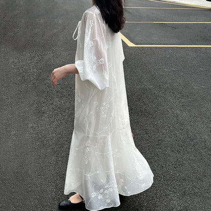 2点セット！【セットアップ】高級刺繍 チュールワンピース＋Vネック キャミワンピースセット 夏新作 バカンス風 ワンピース【JZシリーズ】