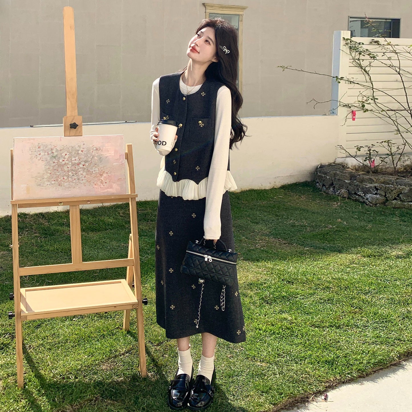 2点セット！【セットアップ】シャネル風 刺繍ベスト＆スカート 上下セット 2026春新作 上品 レディース【SHシリーズ】