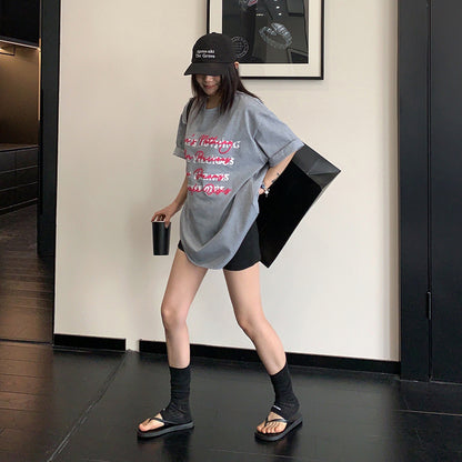 【トップス】ストリート系 ヴィンテージ加工 立体ロゴ刺繍Tシャツ 夏 レディース ルーズフィット 半袖【FCシリーズ】