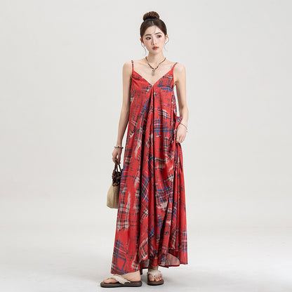 【ワンピース】チェック ワンピース レディース 夏 キャミワンピース ロング丈 ゆったり 人気 フレンチ風 上品 フェミニン リゾートコーデ【SHシリーズ】