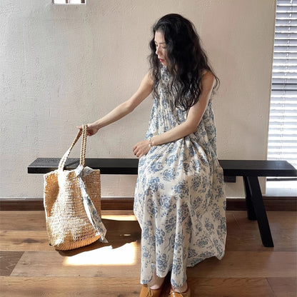 【ワンピース】フレンチシンプル ブルーフラワー プリント 大きな裾広がり Aライン ノースリーブワンピース【SHシリーズ】