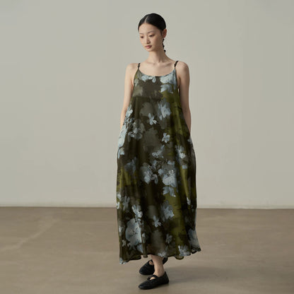 【ワンピース】ワンピース レディース 水墨花柄 シフォン キャミワンピース ノースリーブ ロング丈 リゾート風 上品 細見え ゆったり【JZシリーズ】【SHシリーズ】【10～15日内発送】