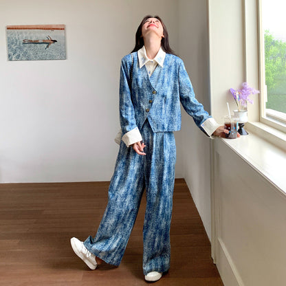 2点セット！【セットアップ】この配色、かっこよすぎる…💙 タイダイ柄ジャケット風トップス×ワイドパンツ 上下セット 春コーデ 体型カバーも叶う【SHシリーズ】
