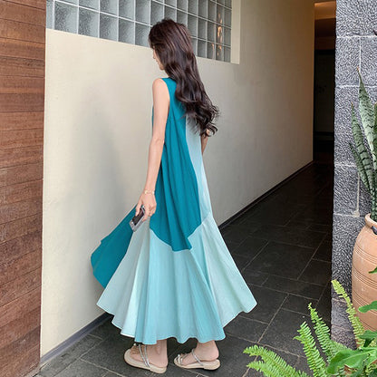 【ワンピース】夏新作 デザイナーズ風 上品 ノースリーブワンピース ハイウエスト 高見え配色 着痩せシルエット【SHシリーズ】