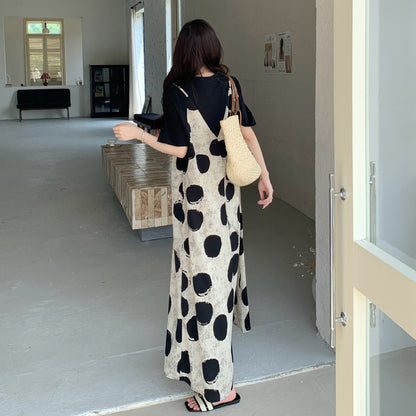 【ワンピース】デザイン感が映える✨ドット柄 切り替え ワンピース 半袖 フェイク2点風 ロング丈 Aライン リゾートワンピ【SHシリーズ】