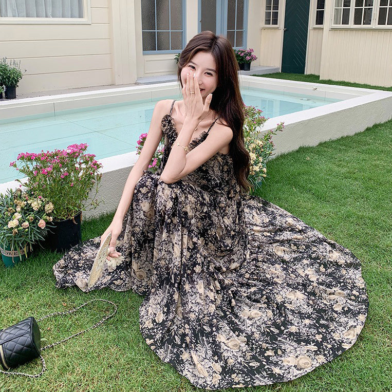 【ワンピース】ビーチリゾート風 温かみフラワー ノースリーブキャミソールワンピース【SHシリーズ】