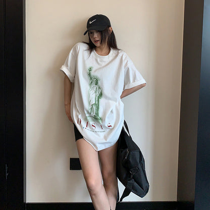 【トップス】アメリカンヴィンテージ風 プリント 半袖Tシャツ レディース 綿100％ オーバーサイズ カジュアル【FCシリーズ】