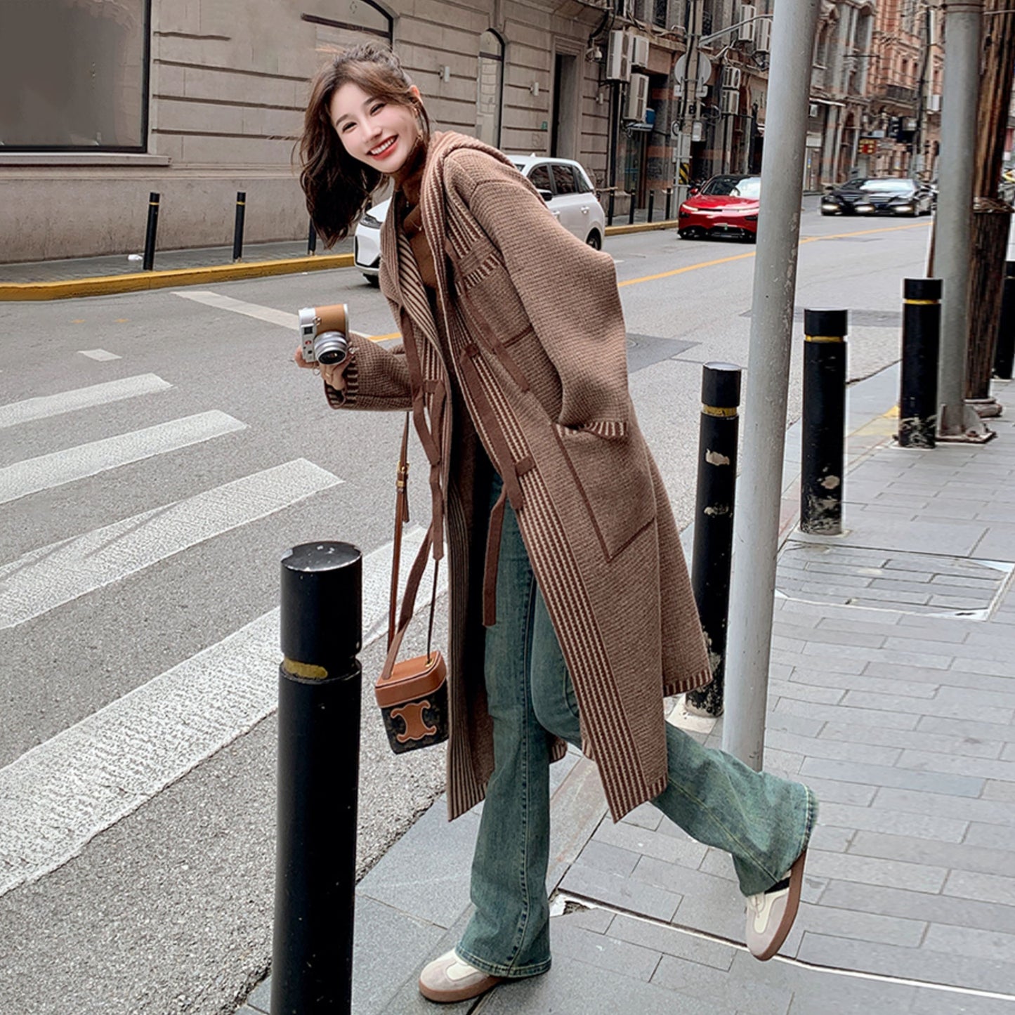 【アウター】🎀リボン結びで可愛く決まる！ロングニットコート レディース 冬新作 ゆったり 暖か デザイン感◎【JZシリーズ】