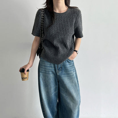 【トップス】韓国系 ニットTシャツ レディース 編み柄デザイン 半袖 細見え シンプルブラウス【JZシリーズ】
