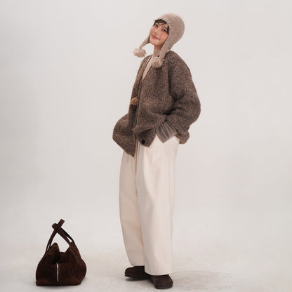 【アウター】秋らしいヘーゼルブラウンカラー♡ ミックス糸Vネックカーディガン ゆったりシルエットで大人可愛い雰囲気【JZシリーズ】【25~30日内発送】