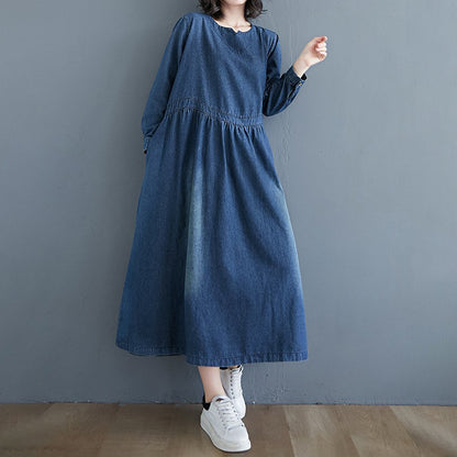 【ワンピース】大きいサイズ デニムワンピ 長袖 レディース 春秋コーデ ゆったり ロング丈 カジュアル 上品【JZシリーズ】