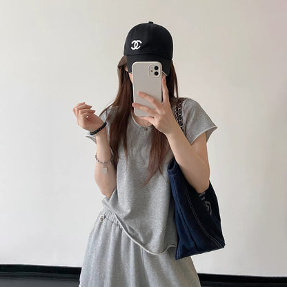 【セットアップ】【単品注文】春夏 半袖Tシャツ＋ワイドパンツ 上下セット グレー ルーズフィット ダメージ風 カジュアル スポーツミックス リラックスコーデ【FCシリーズ】