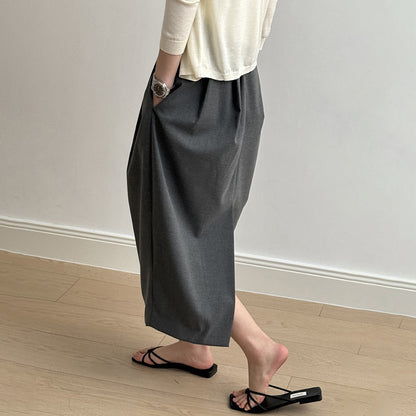 【ボトムス】ハイウエスト スリット入りスカート レディース 立体ギャザー 着回し細見えミモレ丈【JZシリーズ】