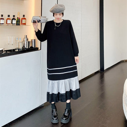 【ワンピース】韓国風 エレガント体型カバー 長袖ワンピース 大きいサイズ 着痩せ 膝下丈【JZシリーズ】