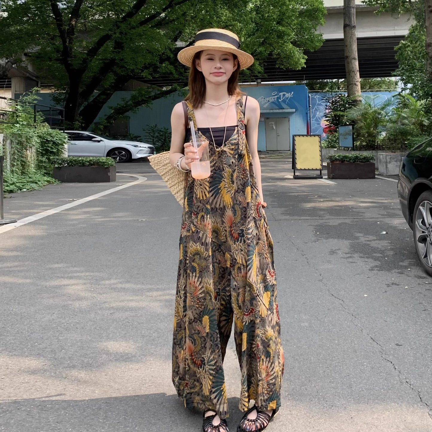 【ボトムス】夏新作 ゆったりルーズスタイル Vネック キャミサロペット オールインワン【SHシリーズ】