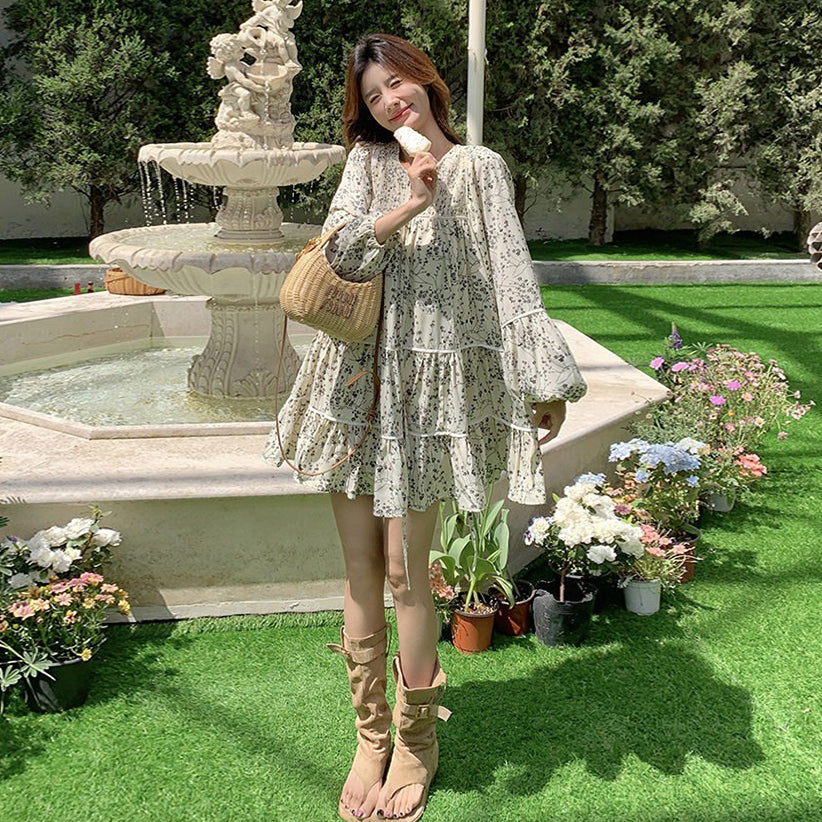 【ワンピース】フレンチ花柄Aラインワンピース レディース 長袖 レトロ フェミニン 秋コーデ【SHシリーズ】