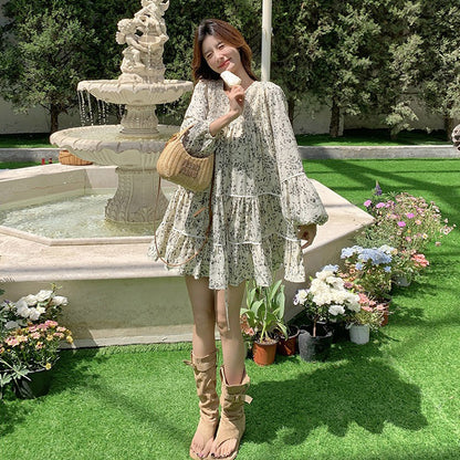 【ワンピース】フレンチ花柄Aラインワンピース レディース 長袖 レトロ フェミニン 秋コーデ【SHシリーズ】