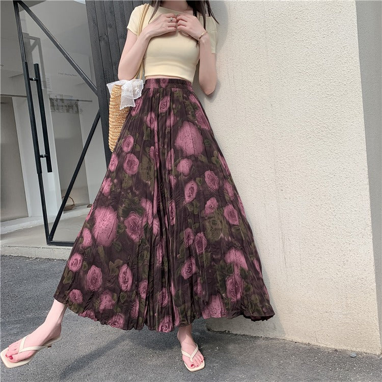 【ボトムス】ウエストゴム コーデしやすい ハイウエスト ロングスカート プリーツ 脚長効果Aラインスカート【SHシリーズ】