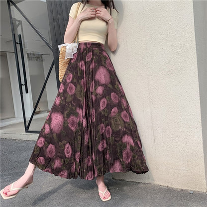 【ボトムス】ウエストゴム コーデしやすい ハイウエスト ロングスカート プリーツ 脚長効果Aラインスカート【SHシリーズ】