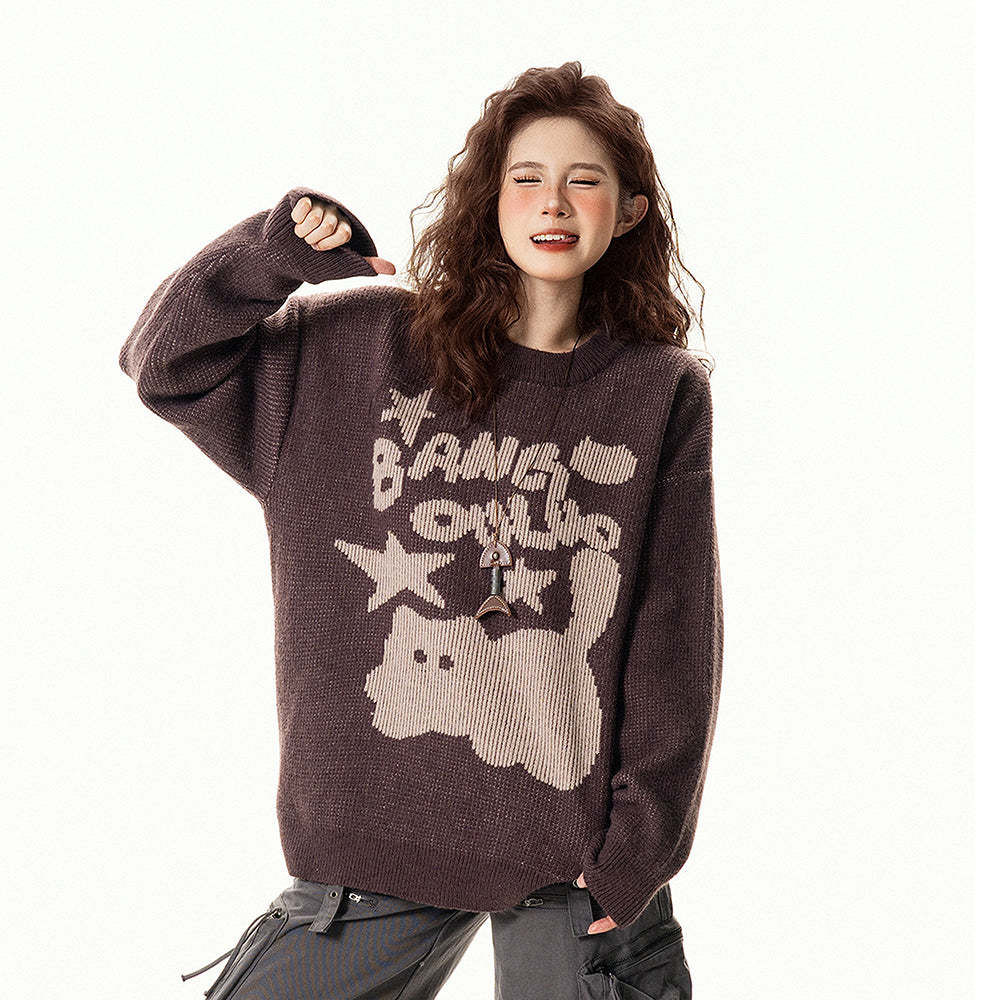 【トップス】アメリカンレトロ 猫柄ジャカード クルーネック ニット レディース 秋 ゆったり ルーズ シンプル 着回し セーター【FCシリーズ】