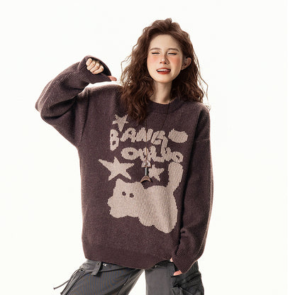 【トップス】アメリカンレトロ 猫柄ジャカード クルーネック ニット レディース 秋 ゆったり ルーズ シンプル 着回し セーター【FCシリーズ】