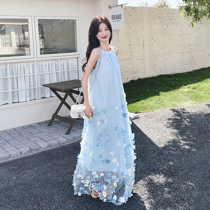 【ワンピース】夏 フレンチ風 かわいらしく優しい 立体花柄 ノースリーブワンピース【SHシリーズ】