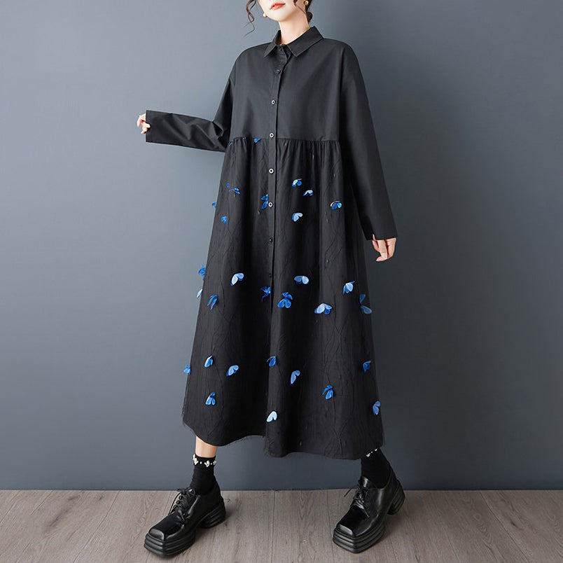 【ワンピース】花柄チュール切替シャツワンピース レディース 春秋新作 大きいサイズ ゆったり 長袖 大人可愛い【SHシリーズ】