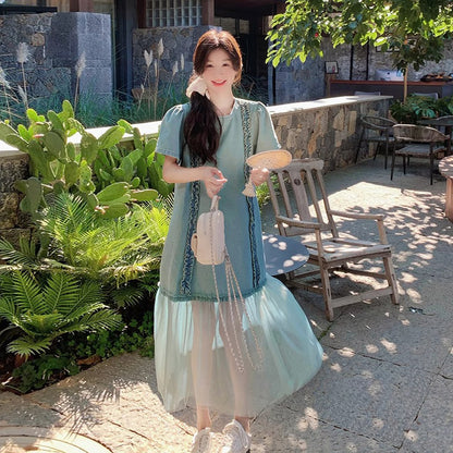 【ワンピース】クール系ハイセンス 配色デザイン デニム切替 半袖ワンピース【SHシリーズ】